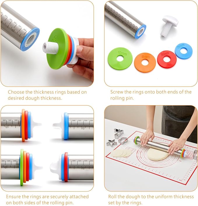 Rolling Pin with Thickness Rings, Fulimax 17" Adjustable Stainless Steel - Image 2