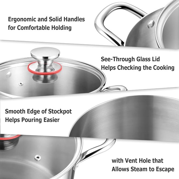 TeamFar 4.5 Quart Stock Pot, Stainless Steel Tri-Ply Cooking Pasta Soup Pot - Image 3