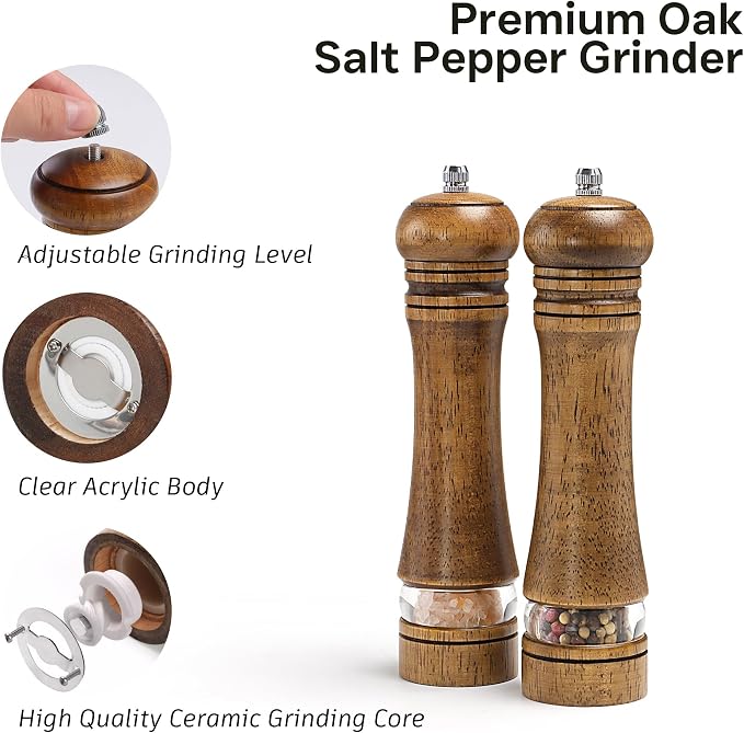 Wooden Salt and Pepper Grinder Set, Premium Oak Wood Salt Grinders Shakers - Image 2