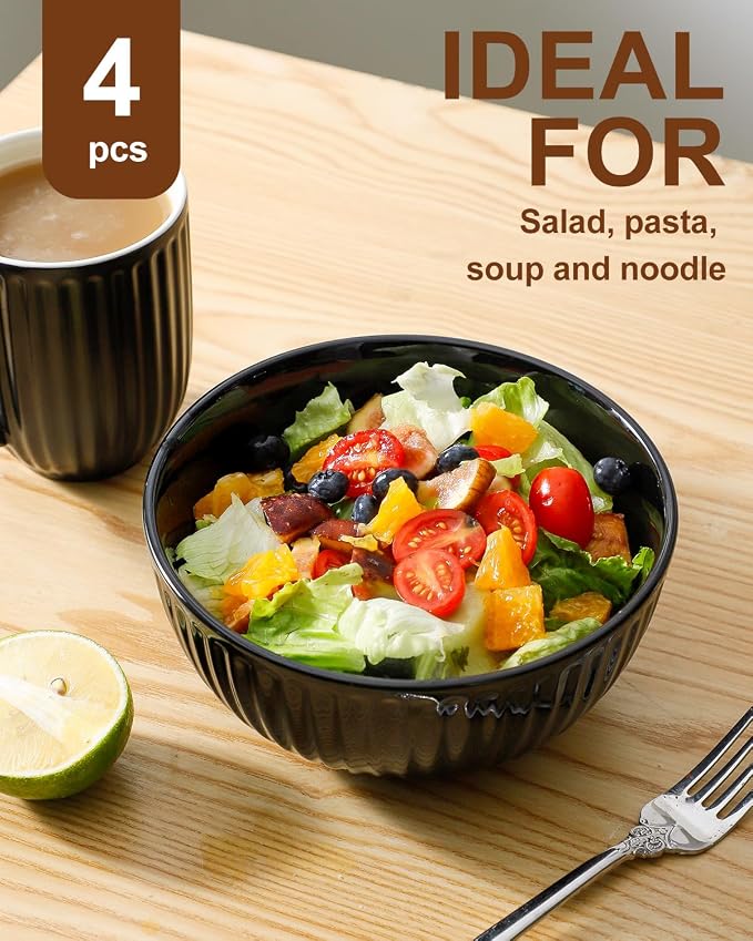 HASENSE 7 Inch Large Serving Bowls Set of 4, 42 Oz Black Ceramic Salad Bowl - Image 6