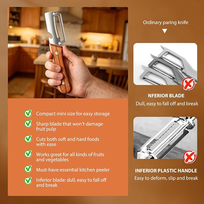 3 Pcs Multifunctional Vegetable Peeler, Wooden Handle, Stainless Steel Blade - Image 7