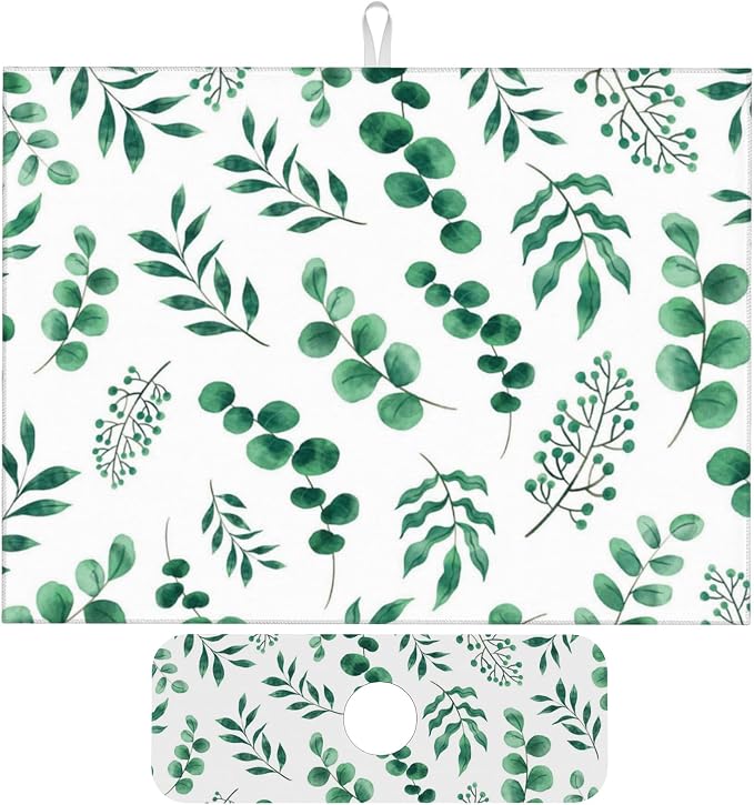Watercolor Plant Green Leaves Dish Drying Mat by Unknown