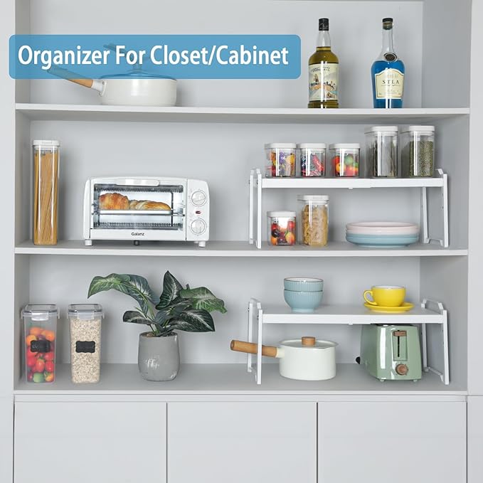 Set of 2 Expandable Kitchen Cabinet Shelves Organizers, Stackable Adjustable - Image 6