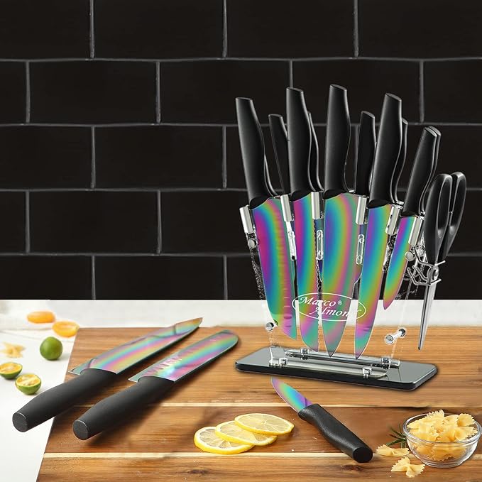 Marco Almond® Knife Block Set, 14-Piece Rainbow Color Stainless Steel Knife Sets - Image 7