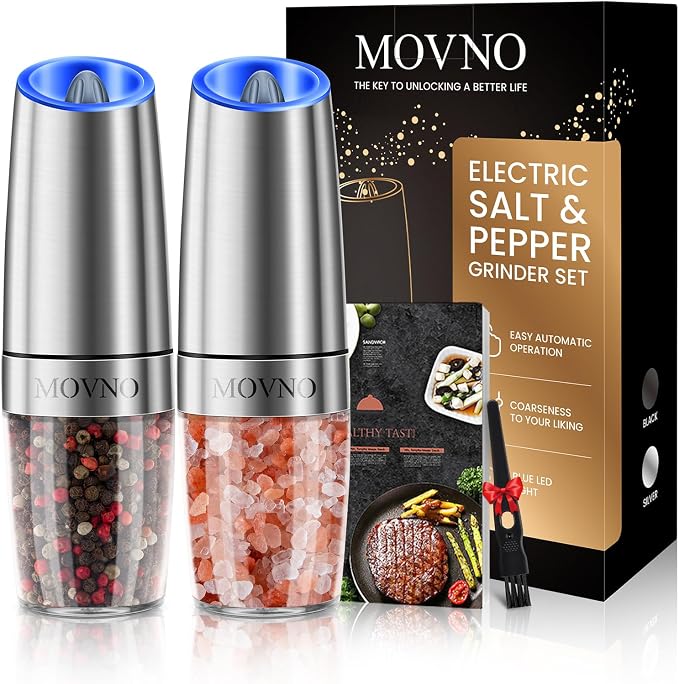 Gravity Electric Salt and Pepper Grinder Set, Battery Powered LED Light One by MOVNO