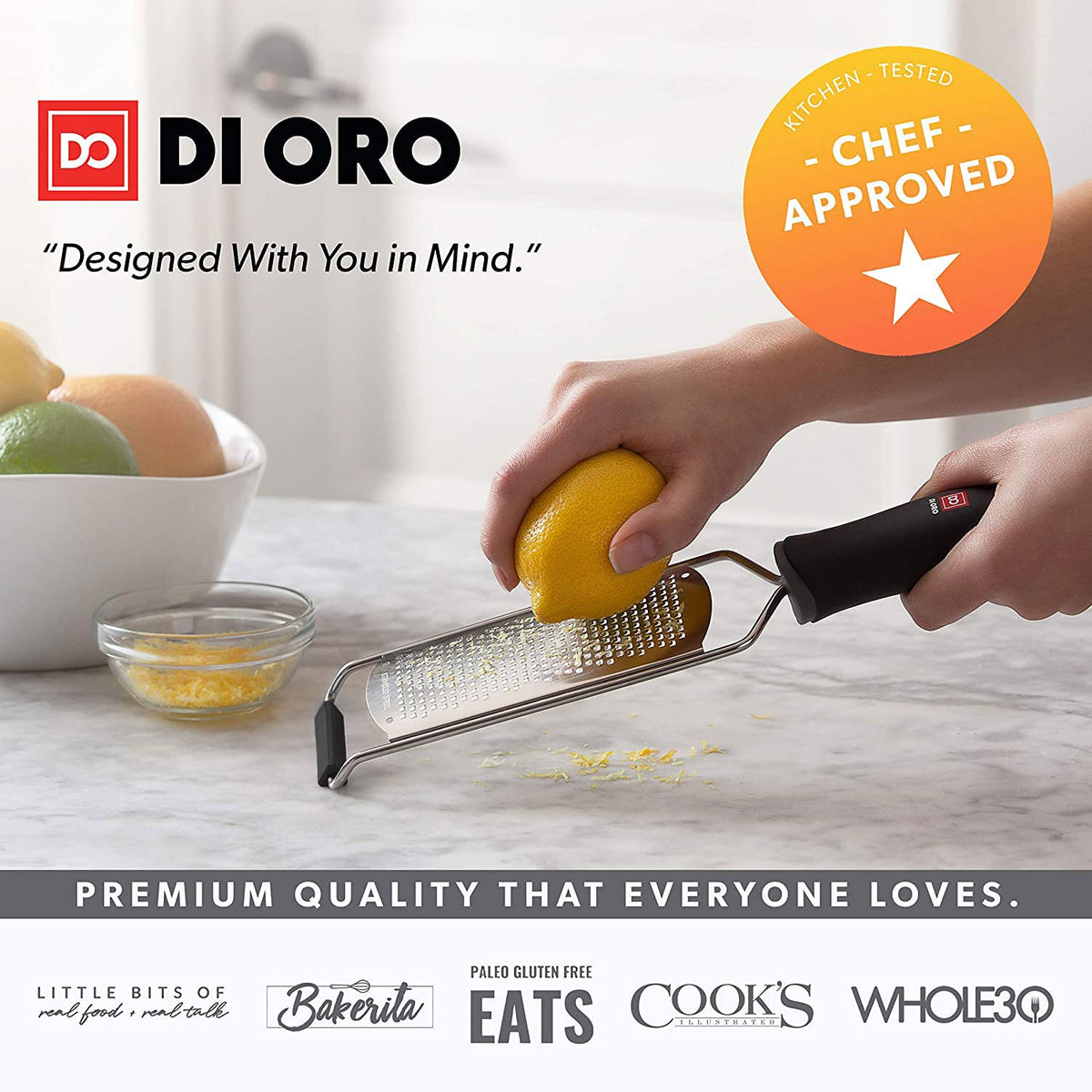 DI ORO Zester Grater - Stainless Steel Lemon Zester with Handle