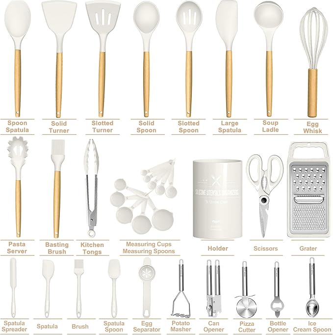 Umite Chef Silicone Kitchen Utensil Set, Cream White Wood Handles - Image 5