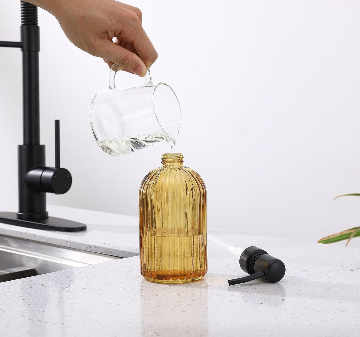 16 OZ Amber Glass Soap Dispenser, Amber Stripe Bathroom Hand Soap