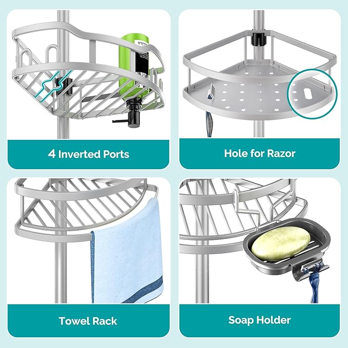 HAMITOR Corner Shower Caddy Tension Pole: Rustproof 4-Tier Bathroom Organizer - Image 6