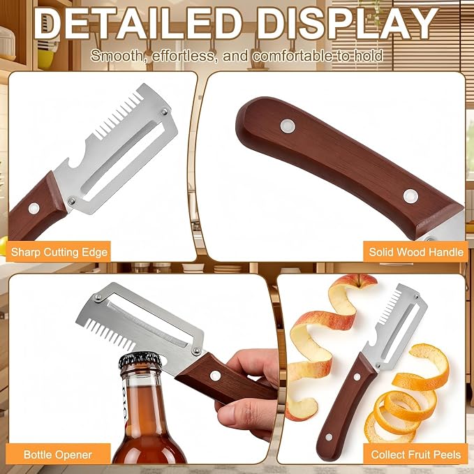 2PCS Multifunctional Vegetable Peeler, Upgrade 3-in-1 Wooden Handle Peelers - Image 4