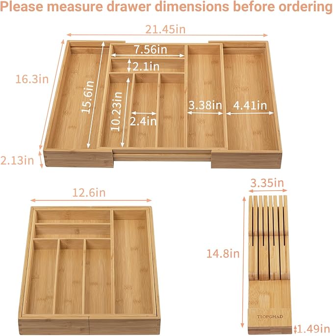 TIOPGHAD Bamboo-Silverware-Drawer-Organizer-Kitchen, Expandable Utensil Holder - Image 2