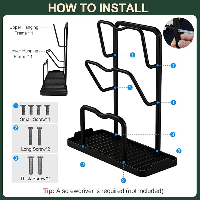Kitchen Pot Lid Storage Rack: Carbon Steel Double Layer Pot Lid Organizer - Image 6