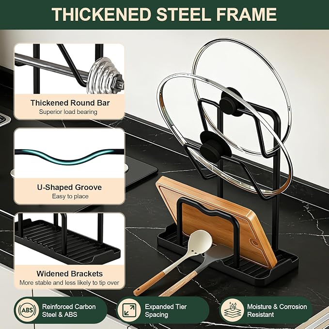 Kitchen Pot Lid Storage Rack: Carbon Steel Double Layer Pot Lid Organizer - Image 3