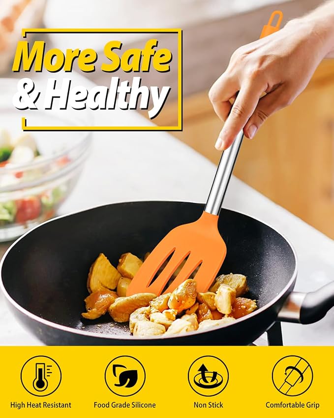 Pack of 2 Silicone Solid Turner, Non Stick Slotted Kitchen Spatulas, High Heat - Image 4