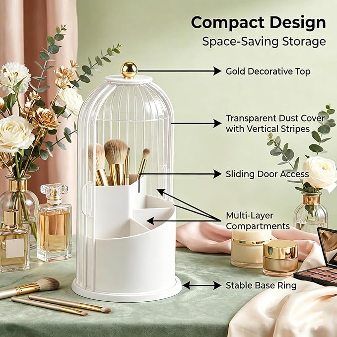 Makeup Brush Holder with Lid 360° Rotating 3-Compartment Makeup Organizers - Image 3