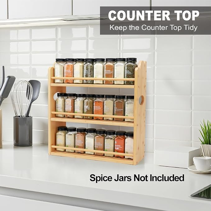 3 Tier Bamboo Spice Rack, Spice Rack Organizer, Seasoning Jars Rack Shelf Spice - Image 3