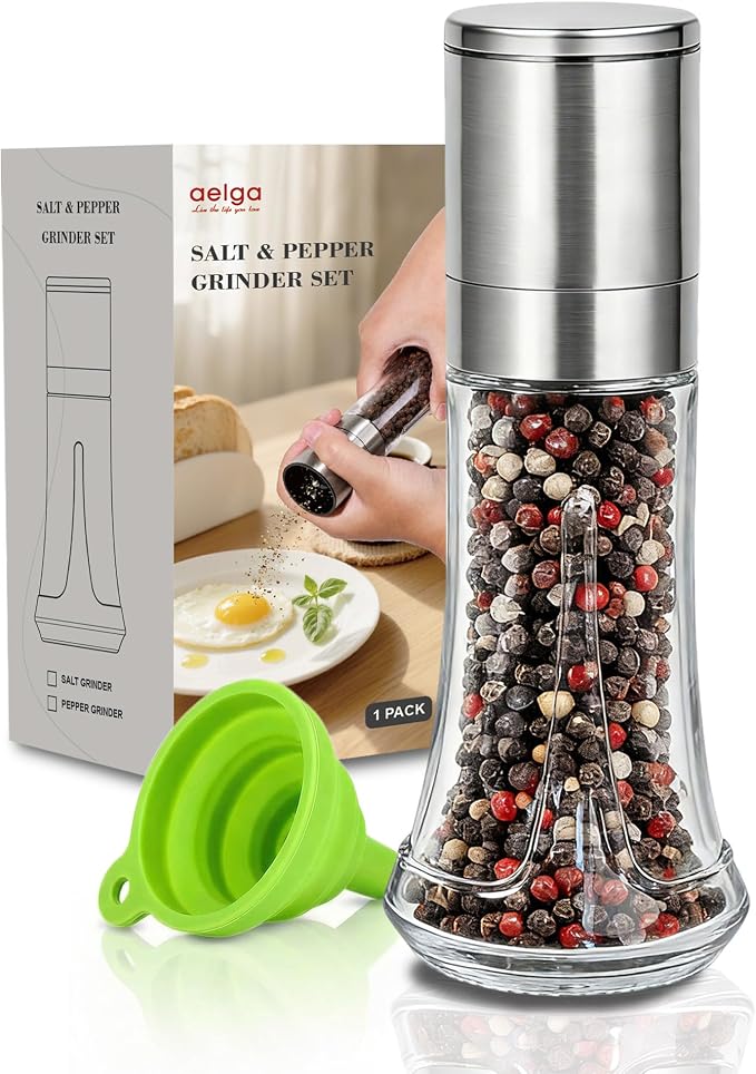 Aelga Pepper Grinder with Silicone Funnel - 4oz Glass Manual Mills with by Aelga