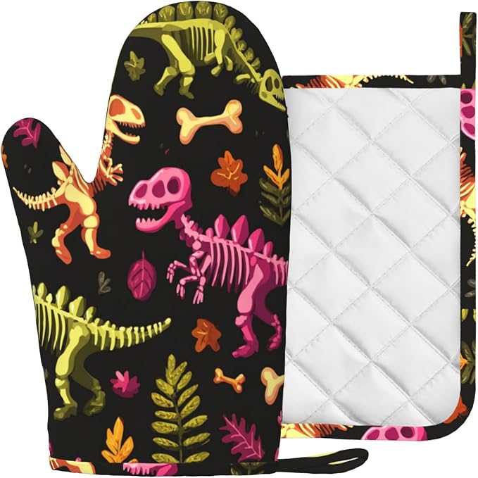 Dinosaur Skeleton Oven Mitts and Pot Holders Sets Non-Slip Silicone Surface - Image 2