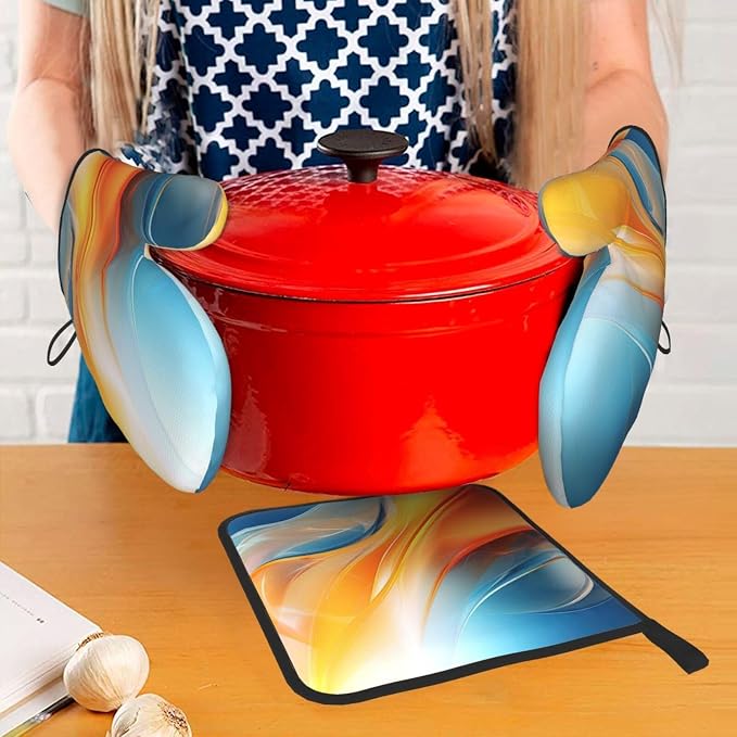 Burnt Orange Blue Abstract Fluid Oven Mitts and Pot Holders Sets of 3, Heat - Image 3