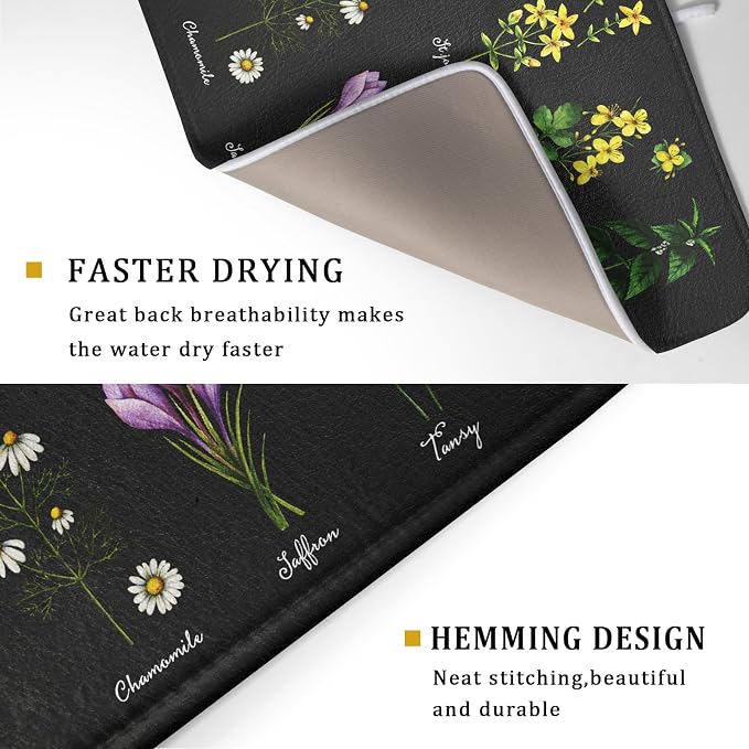 Black Flower Herbs Dish Drying Mat 18x24 Inch Botanical Floral Microfiber - Image 3
