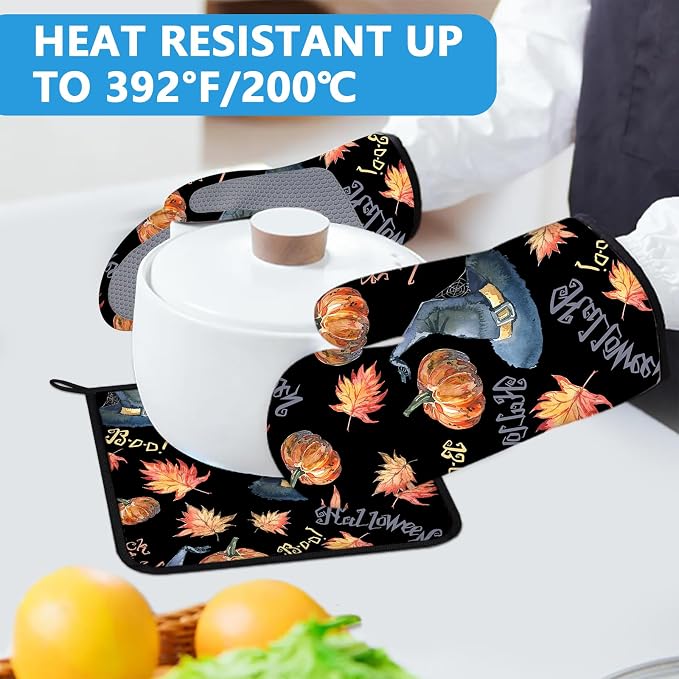 Halloween Pumpkin Autumn Maple Leave Oven Mitts and Pot Holders Sets Heat - Image 5