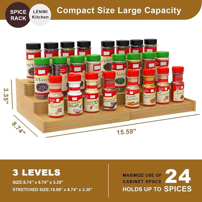 Lenwi Spice Rack Organizer for Cabinet, 3 Tier Expandable Bamboo Spice Storage - Image 4