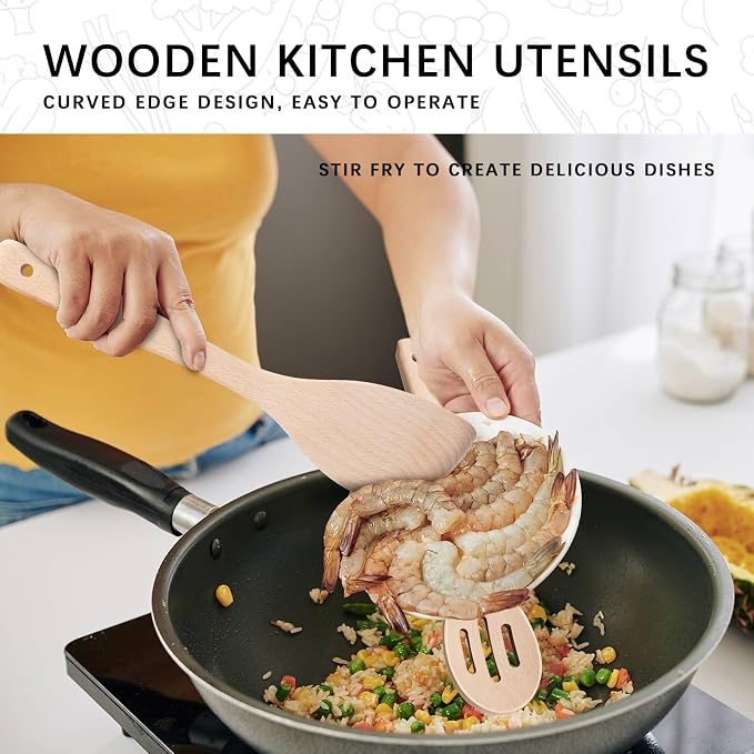Wooden Spoons for Cooking, 4-Piece Wood Utensil Set Includes Slotted Spoon - Image 4