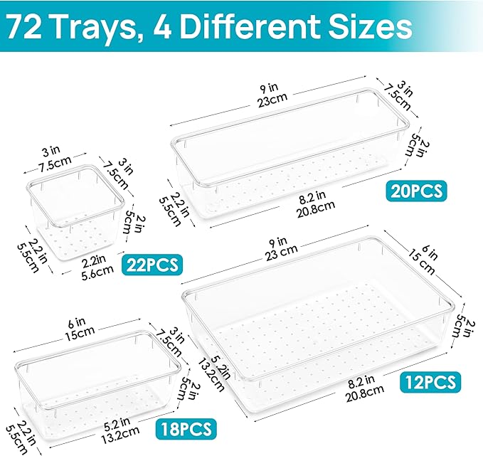 Vtopmart 72 PCS Clear Plastic Drawer Organizers Set, 4-Size Versatile Bathroom - Image 6