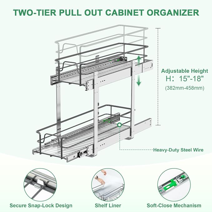 2-Tier Pull Out Cabinet Organizer, Soft Close Cabinet Slide Out Shelves - Image 5