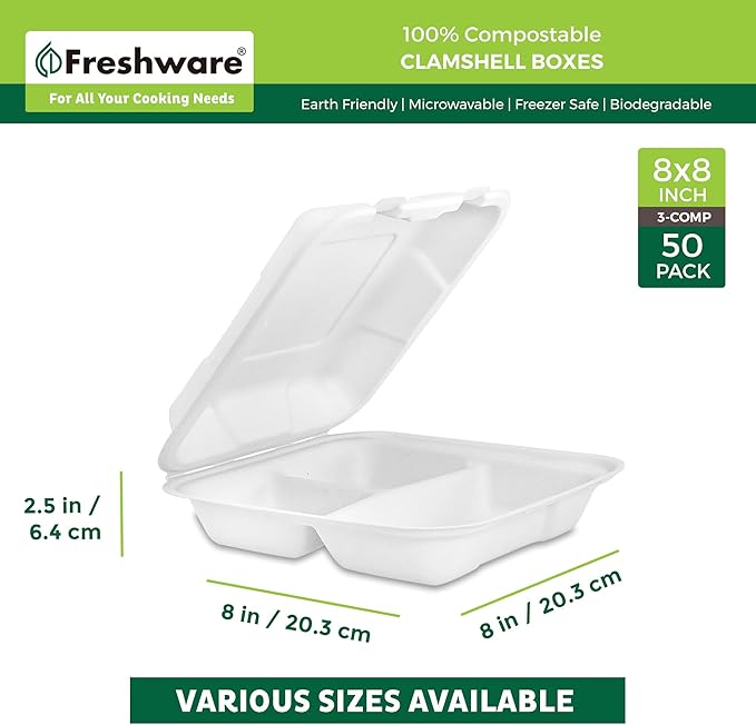 Freshware Compostable Clamshell Food Containers 3-Compartment 50-Pack, - Image 3