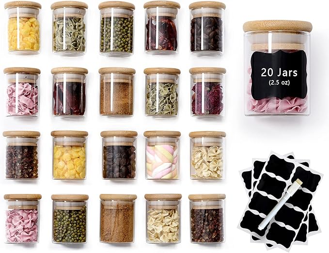 20 Pcs Glass Spice Jars with Airtight Bamboo Lids, Labels and Pen, 2.5oz Mini by ZPGXLRZ