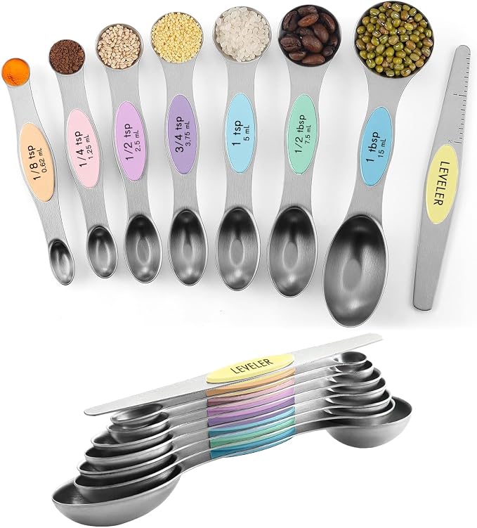 ChefAide Pack of 8 Stainless Steel Magnetic Measuring Spoons Set, Dual Sided by ChefAide