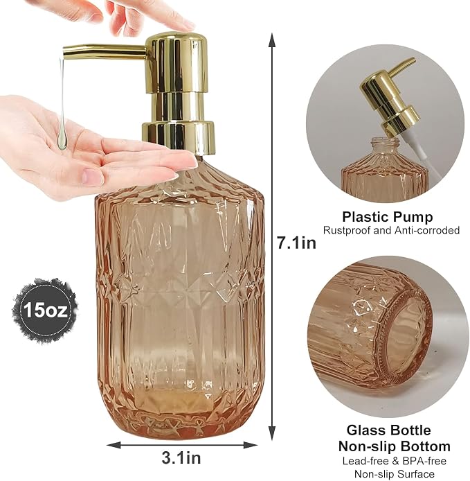 Glass Soap Dispenser with Gold Pump, 15oz Liquid Hand Dispenser, Refillable - Image 2