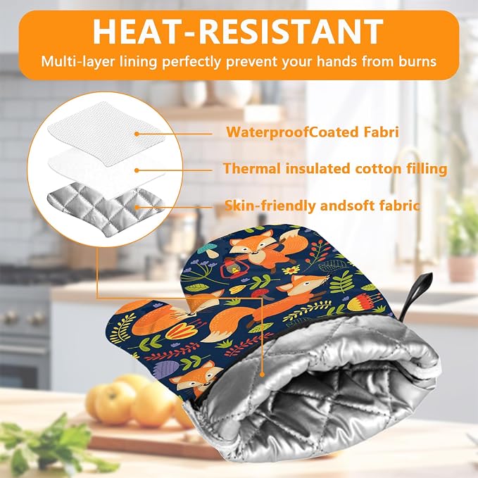 Cute Fox Oven Mitts and Pot Holders Sets 4Pcs, Extra Long Oven Gloves Potholder - Image 3