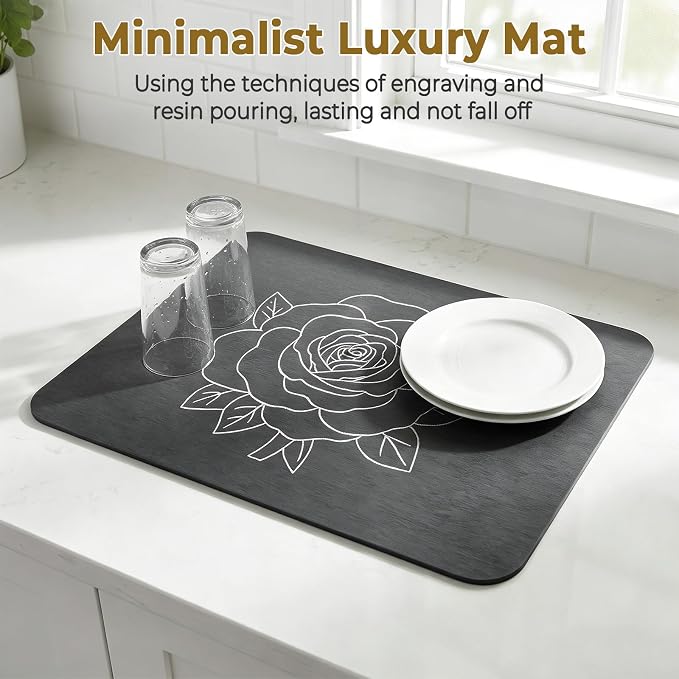 Stone Dish Drying Mat for Kitchen Counter, Glittery Resin Rose Pattern Quick - Image 4