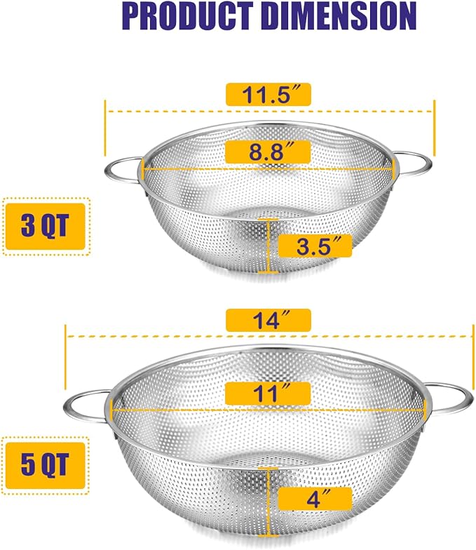 E-far 3QT & 5QT Colander Set of 2, Stainless Steel Micro-Perforated Colander - Image 2