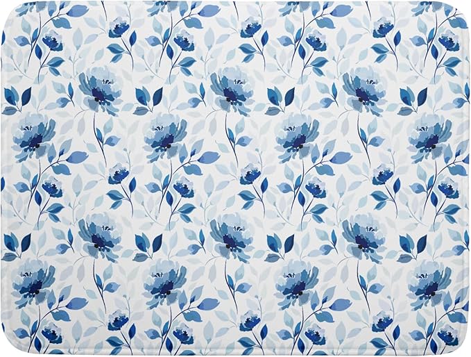 Blue Floral Dish Drying Mat 18x24 inch Flower Leaves Dish Rack Pad Microfiber by Giwawa