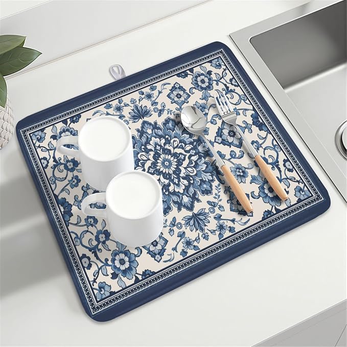 Blue Floral Dish Drying Mat for Kitchen Counter Vintage Flower Pattern - Image 8