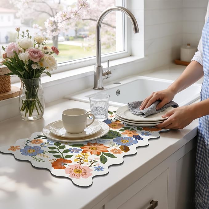 LOKHOM Scalloped Floral Dish Drying Mat, Cuttable Hide Stain Non-slip Drying Mat - Image 8
