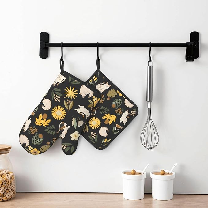 Cute Cats Flowers Garden Silicone Oven Mitts Pan Mats Set of 2, Heat Resistant - Image 6