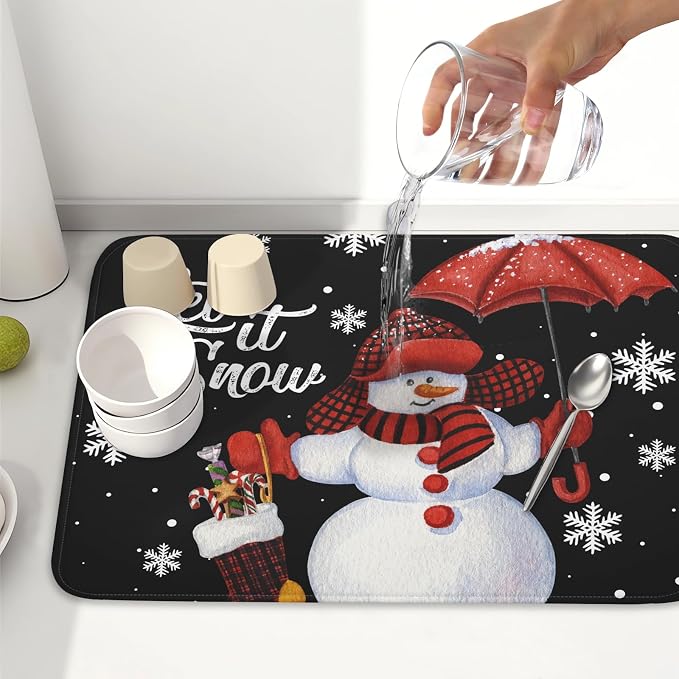 Black Snowman Dish Drying Mats for Kitchen Counter, Winter Snowflake Dish Mat - Image 6