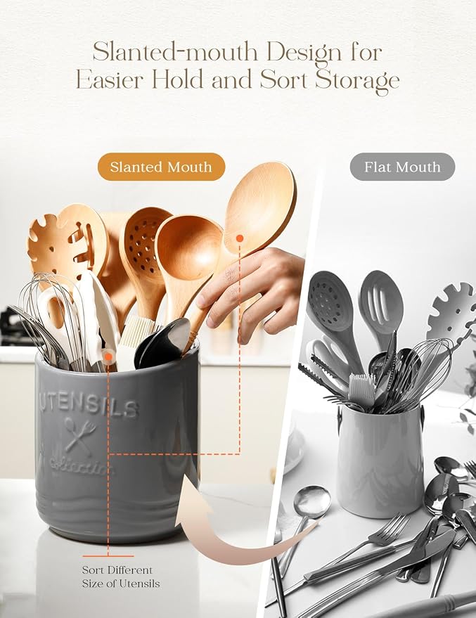 AISBUGUR Large Ceramic Utensil Holder 7.5" H×6.3" W - Image 4