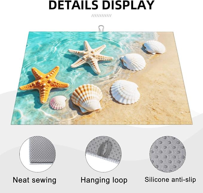 Ocean Sea Dish Drying Mat for Summer Kitchen Counter, Microfiber Absorbent - Image 3