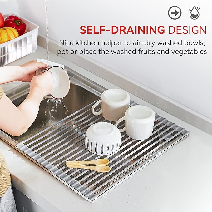 MERRYBOX Roll Up Dish Drying Rack, Silicone Wrapped Over The Sink Dish Rack - Image 8