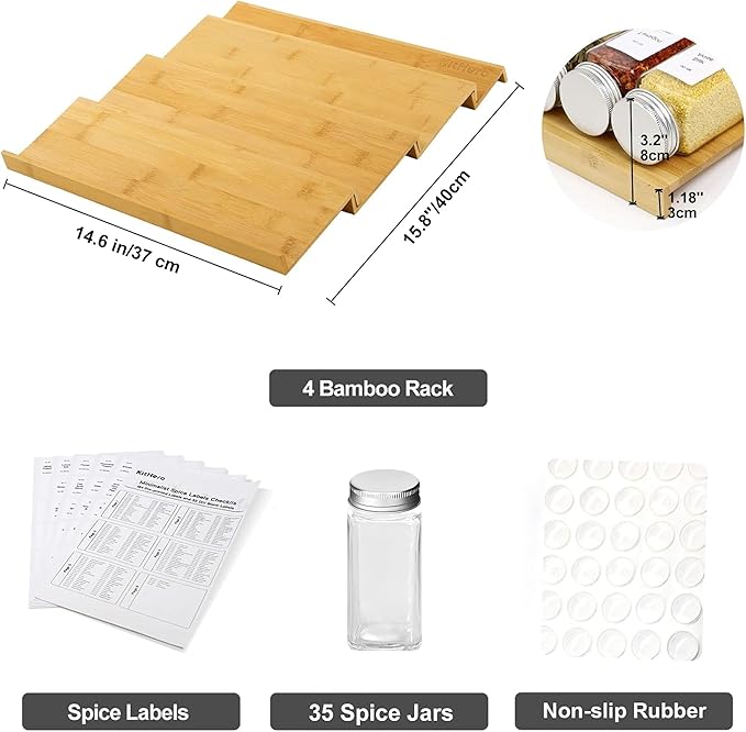Spice Drawer Organizer with 35 Spice Jars, 216 Labels, 25 Non-slip Rubber - Image 3