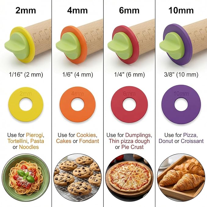 Rolling Pin With Thickness Rings, Adjustable Wooden Rolling Pin Set, 17 inch - Image 4