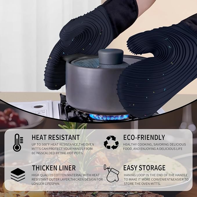 Silicone Oven Mitts, Cotton Lined Gloves, Long Cooking Mitts and Trivet Mats - Image 3