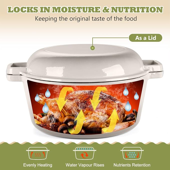 P&P CHEF 5Qt Dutch Oven Pot for Bread Baking, 2 In 1 Round Cast Iron Dutch Oven - Image 4