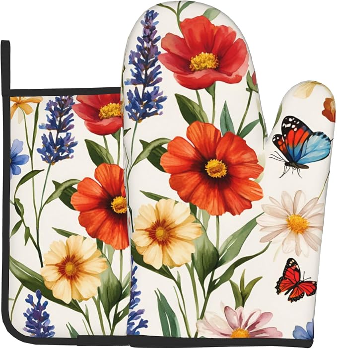 Cute Oven Mitts and Pot Holders Sets Poppy Daisy Flowers Kitchen Gloves by DZGlobal