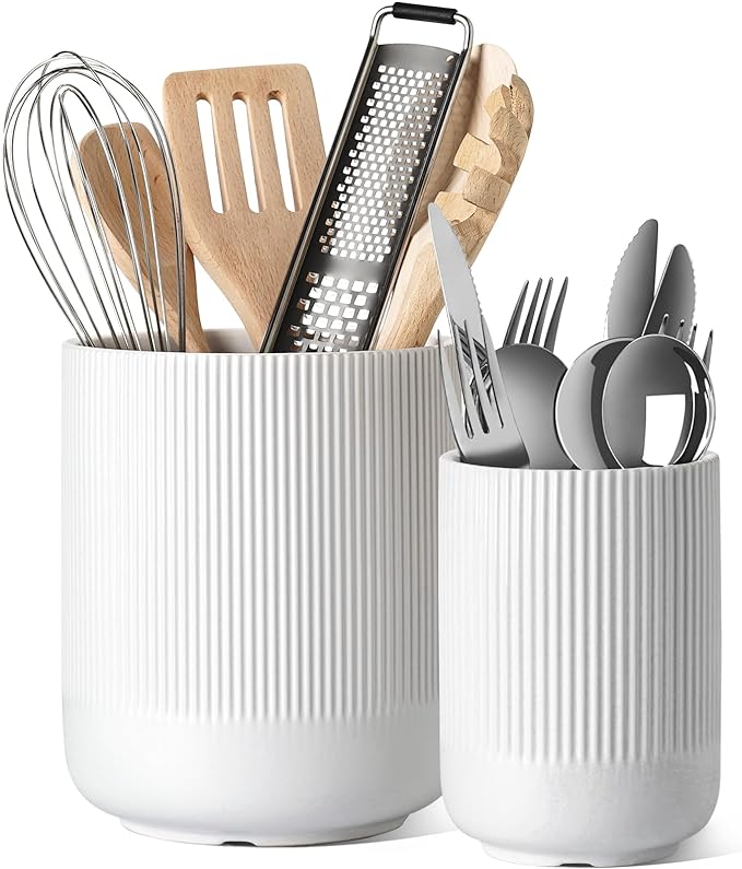 LE TAUCI Utensil Holder for Kitchen Counter, 7.3"+5.4" Fluted Ceramic Utensil by LETAUCI